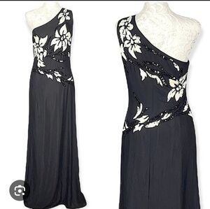 Vintage Cache One Shoulder Beaded Floral Black And White Gown Size S
